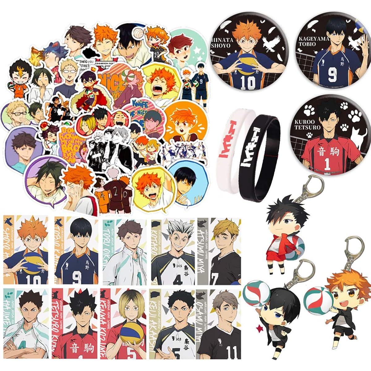 Haikyuu Gift Set - 50pcs Haikyuu Photo Stickers 10pcs Haikyuu TOBIO NEKOMA Button Pins 3pcs Haikyuu 2pcs Haikyuu Bracelets