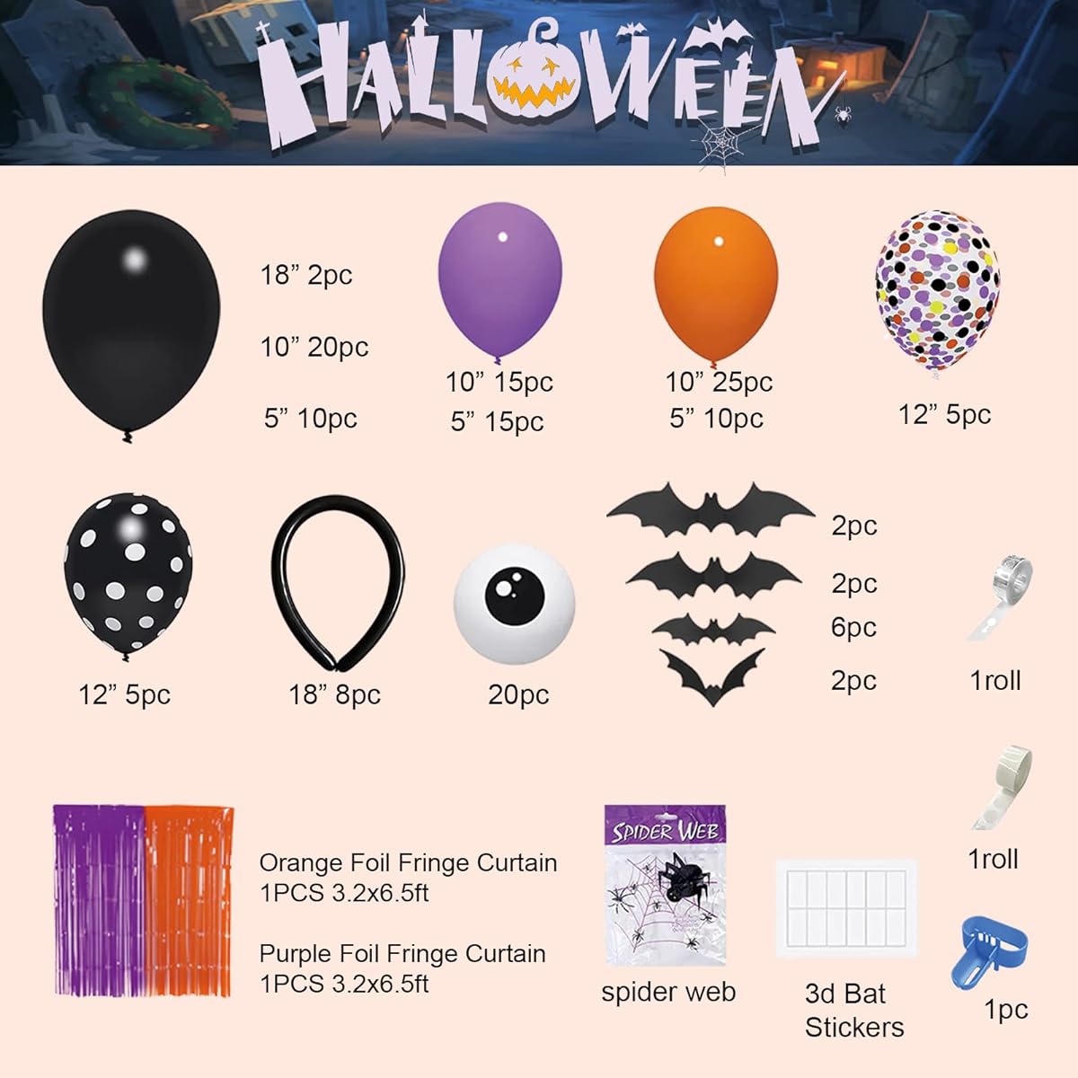 AIBIIN Halloween Party Balloons, 153pcs Halloween Balloons Arch Garland Kit Black Orange Purple Confetti Balloons Orange Purple Foil Fringe Curtain for Halloween Birthday Baby Shower Party Balloon Supplies