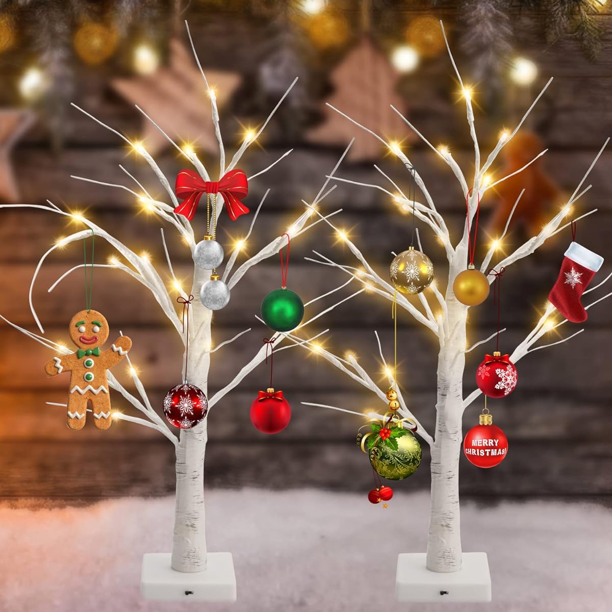 JACKYLED 28 LED White Birch Tree Lights Battery Powered Warm White Artificial Lighting for Birch Bonsai Christmas Jewelry Holder Party Home Decorations Set of 2
