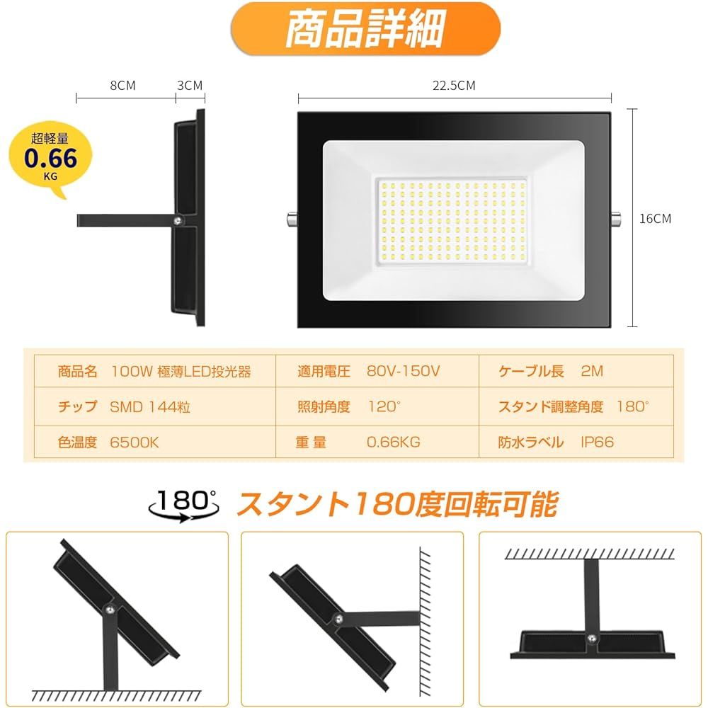 shineshare LED Floodlight Outdoor 100W Pocket Type Ultra Thin Work Light Security Light Entrance Light Daylight 80-150V Applicable IP66 Waterproof Free Adjustment High Brightness 2M Corridor Cable Warehouse Garage Sign Light BBQ Garden Night Work Parking