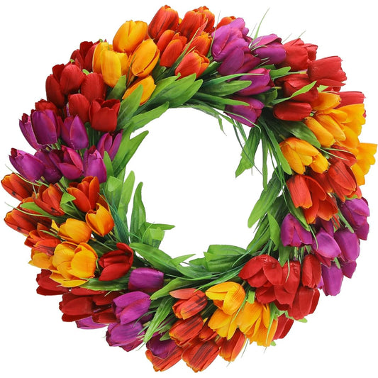 U'Artlines 20" Tulip Wreath for Front Door, Spring Summer Silk Wreath with Green Leaves, Artificial Tulip Flower Wreath for All Seasons Window Wall Wedding Valentine's Day Decor