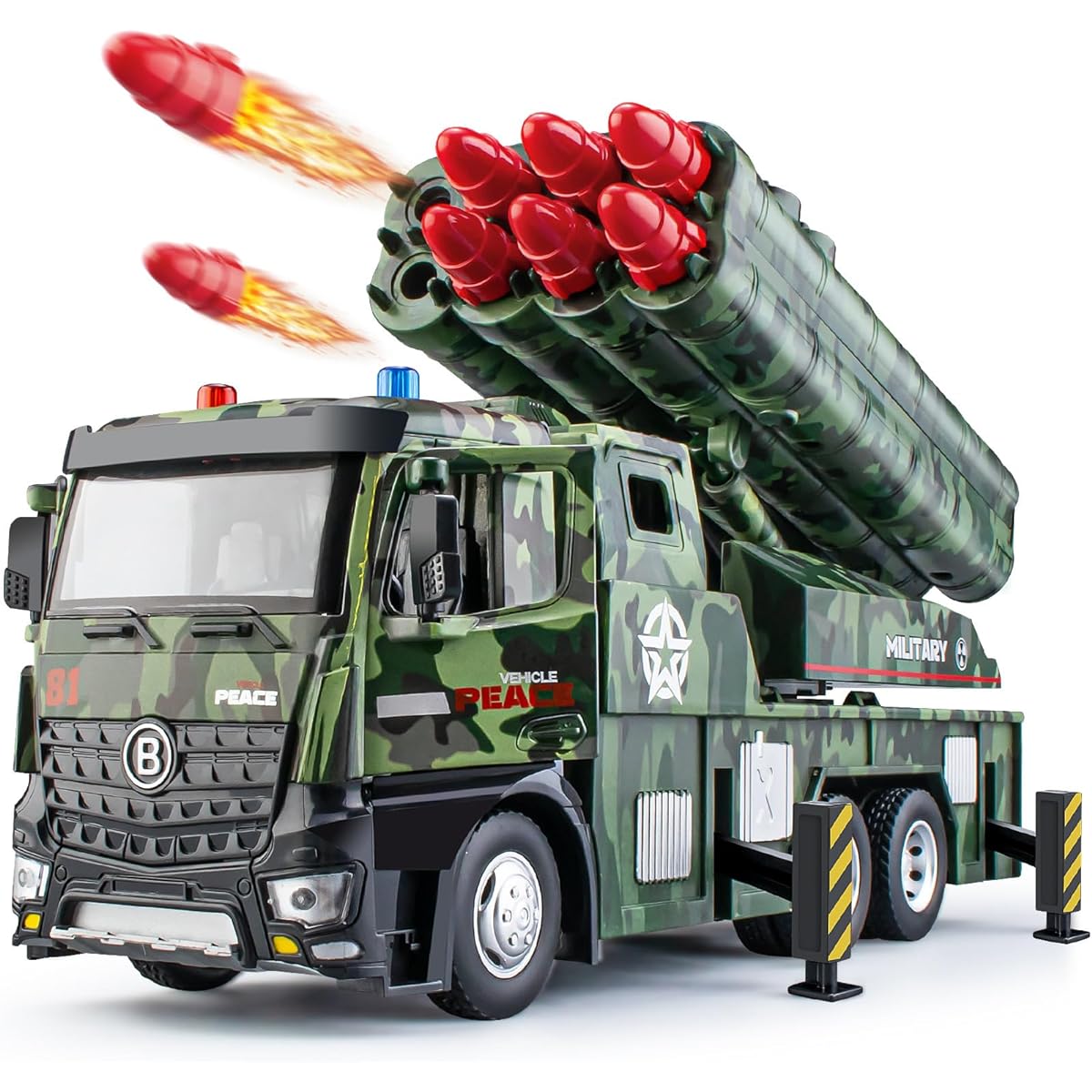 HAPYAD Army Toy for Boys Ages 4-7 - Military Vehicle Toy with Metal Cab with Missile Launcher - Friction Powered Army Toy Military Truck with 8 Missiles, Lights and Sounds.