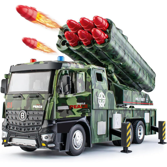 HAPYAD Army Toy for Boys Ages 4-7 - Military Vehicle Toy with Metal Cab with Missile Launcher - Friction Powered Army Toy Military Truck with 8 Missiles, Lights and Sounds.