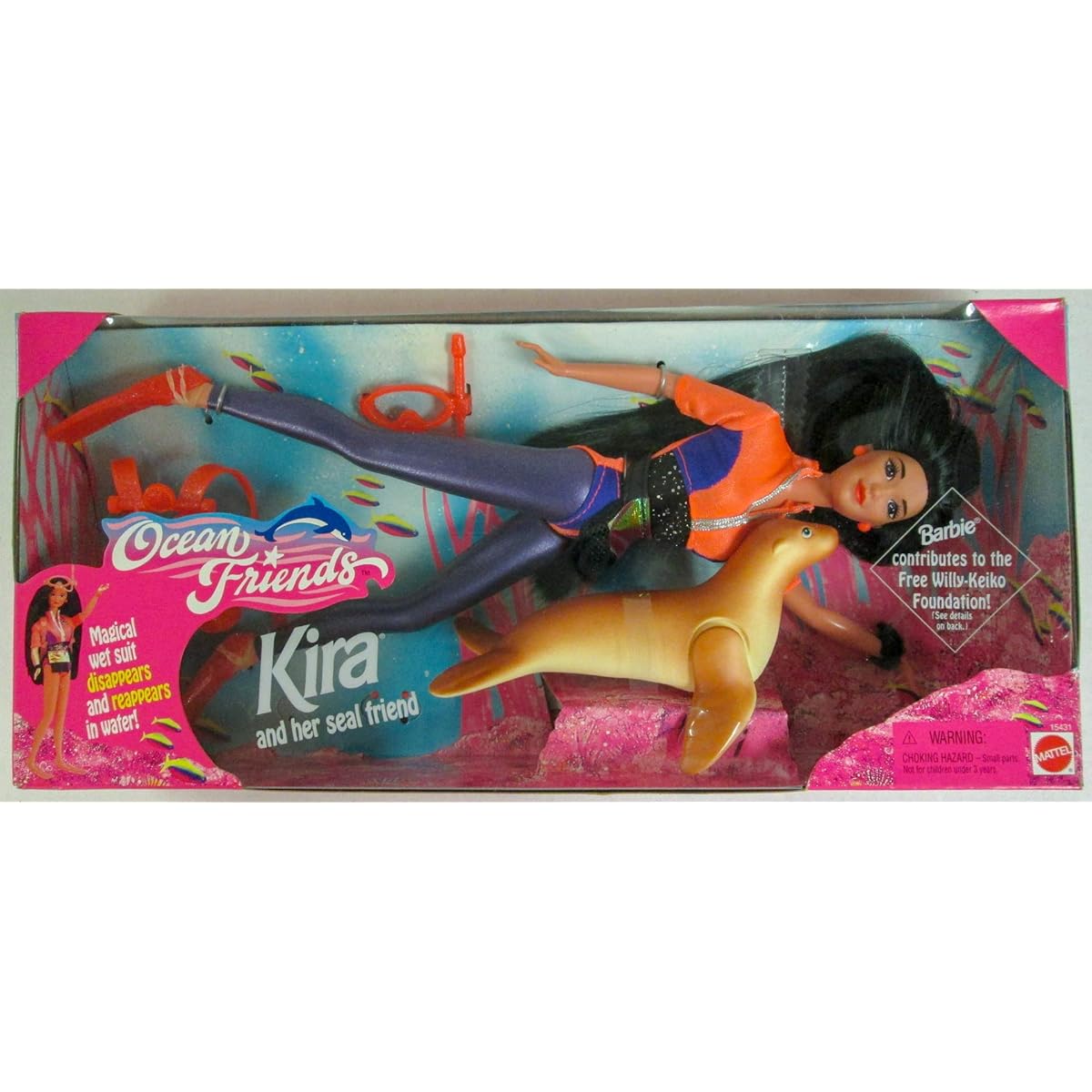 MATTEL BARBIE brown doll KIRA and caramel seal, snorkel mask and fins, ocean and sea rescue, new box 1996
