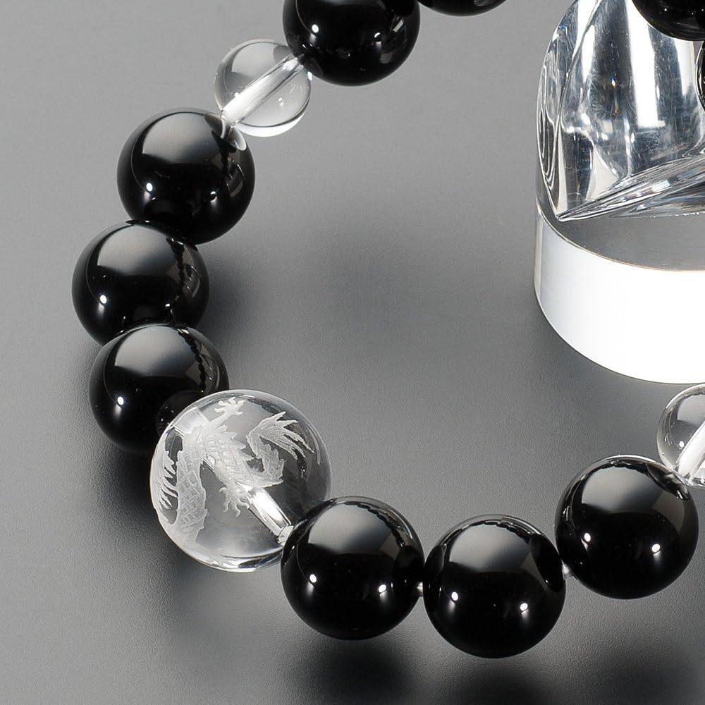 Buddhist Altar Shop Takita Shoten Specially Selected Bracelet Prayer Beads Natural Stone Bracelet Black Onyx Dragon Carved Crystal 14mm Beads Inner Circumference Approx. 18cm◆ Prayer Beads Bracelet, Dragon, Large Beads, Prayer Bracelet, Amulet, Charm [Ce