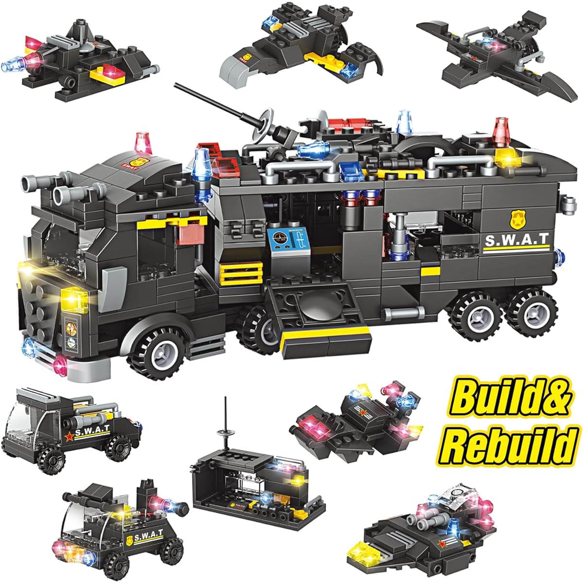 City Police Station Building Blocks Set, Urban SWAT Mobile Command Center Truck Building Toy 9 Models with Robot Police Patrol Boat and Helicopter for Ages 6+ Boys and Girls 1006 Pieces