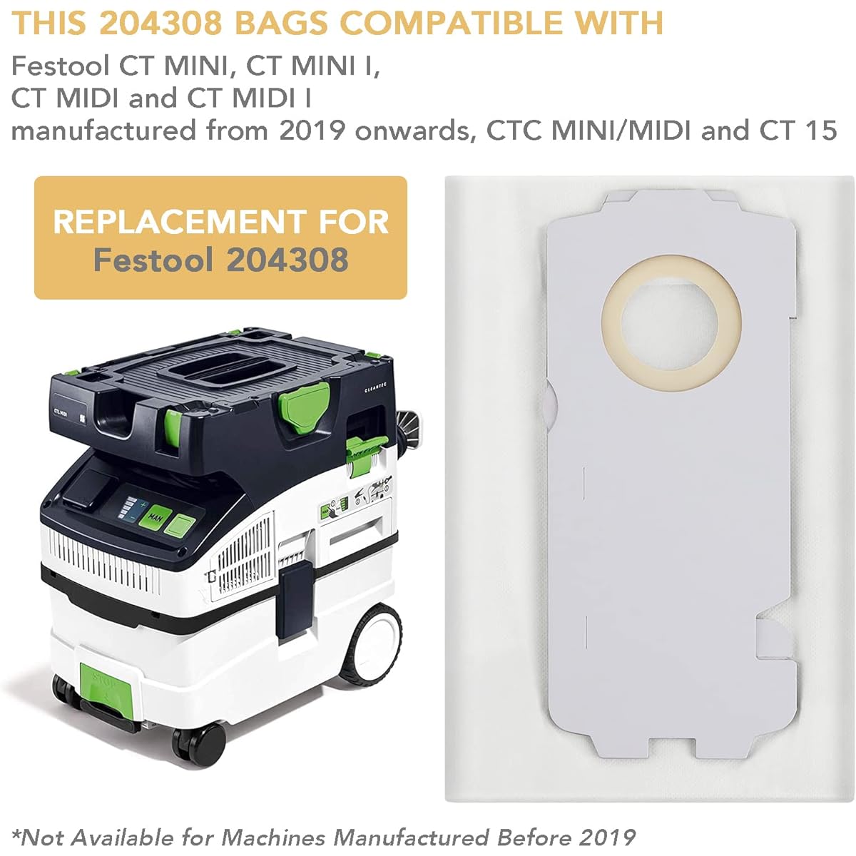 204308 204308 Bag CT Mini/Midi -2/5 Filter Bag Festool CT MINI CT MINI I CT MIDI CT MIDI Manufactured after 2019 CTC MINI/MIDI CT 15 Reusable 204308 Bag 8 pieces