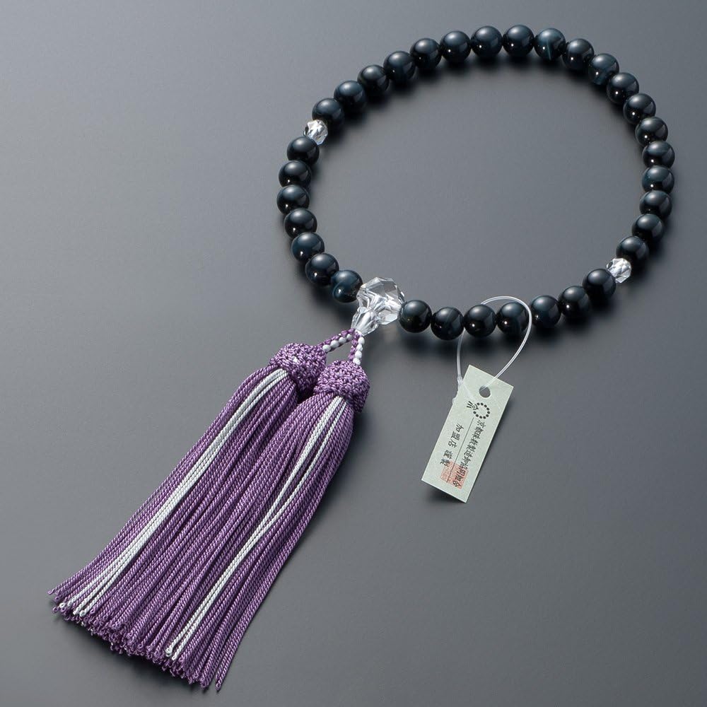 [Buddhist Altar Shop Takita Shoten] Kyoto Prayer Beads for Women, Blue Tiger Eye Stone, Cut Genuine Crystal, 8mm Beads, Pure Silk Head Tassel, Bead Bag Included, Can Be Used by All Sects, Certificate Included