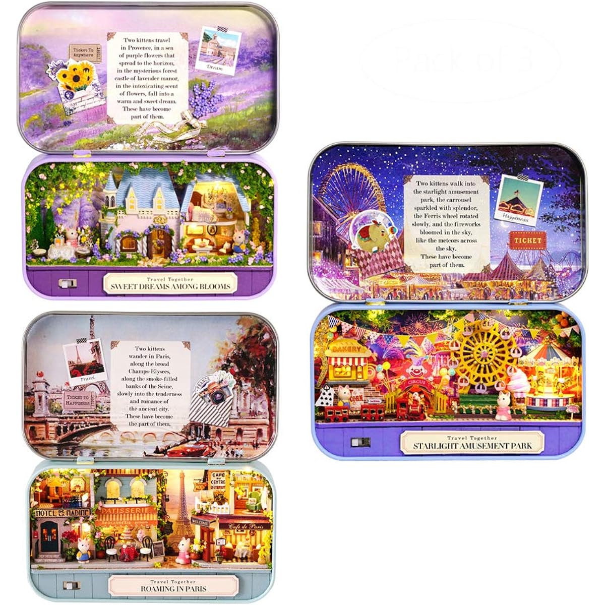 MAGQOO 3D Wooden Dollhouse Miniature DIY Dollhouse Kit with Furniture 1:24 DIY Box Theatre Kit (3 Pack)