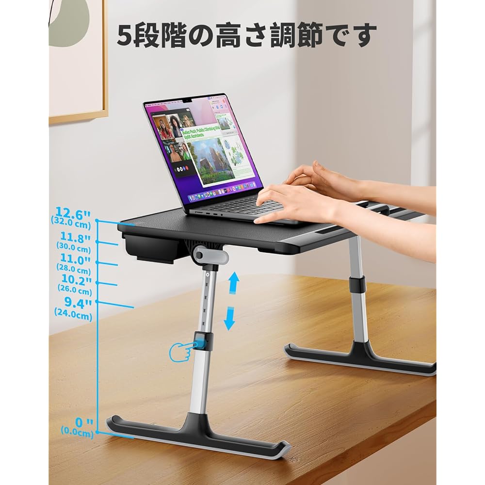 SAIJI Bed Table, Bed Desk, Lap Desk, Folding Table, Mini Table "Enhanced Stability Version" Low Table, Bed Desk, Laptop Computer Table, Chabudi Angle, Height Adjustment, Includes Drawer, 40kg Load, No Removal Required, Surface PVC Treatment, Lightweight,