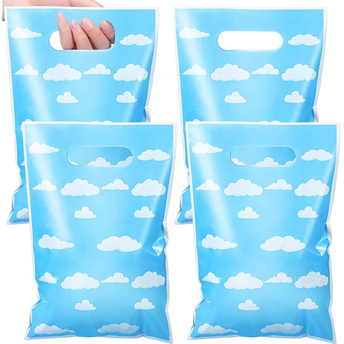 Pasimy 50pcs Blue Sky White Cloud Gift Bags Blue Sky Treat Party Bags Cartoon Candy Bags Plastic Wrapping Party Favor Bags with Handles for Boys Girls Baby Shower Supplies Kids Birthday Party Favors