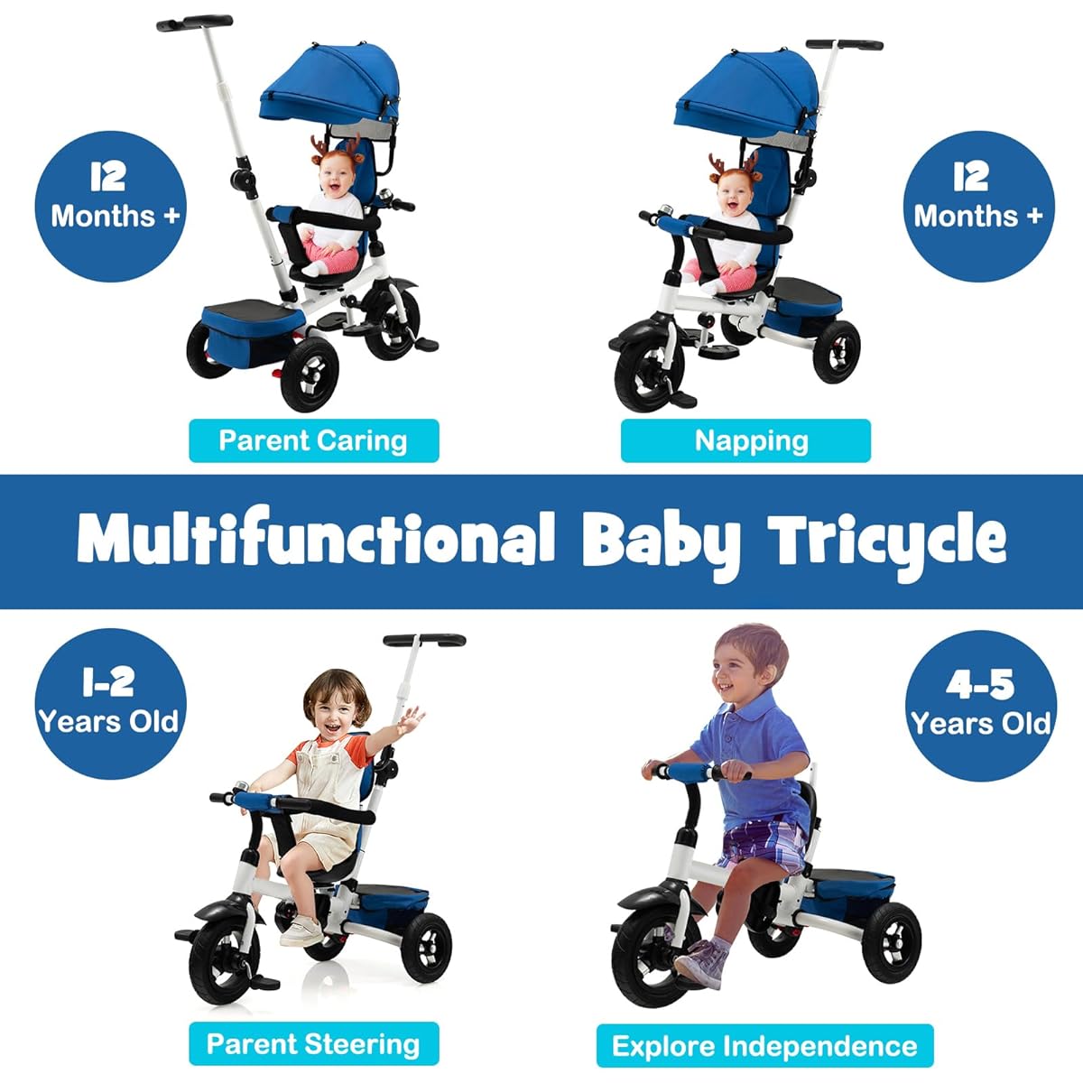 Costzon Redd Tricycle 6-in-1 Stair Stroller with Removable Guardrails/Bike Learning Adjustable Canopy Safety Harness 30x20x71" (LxWxH) Blue