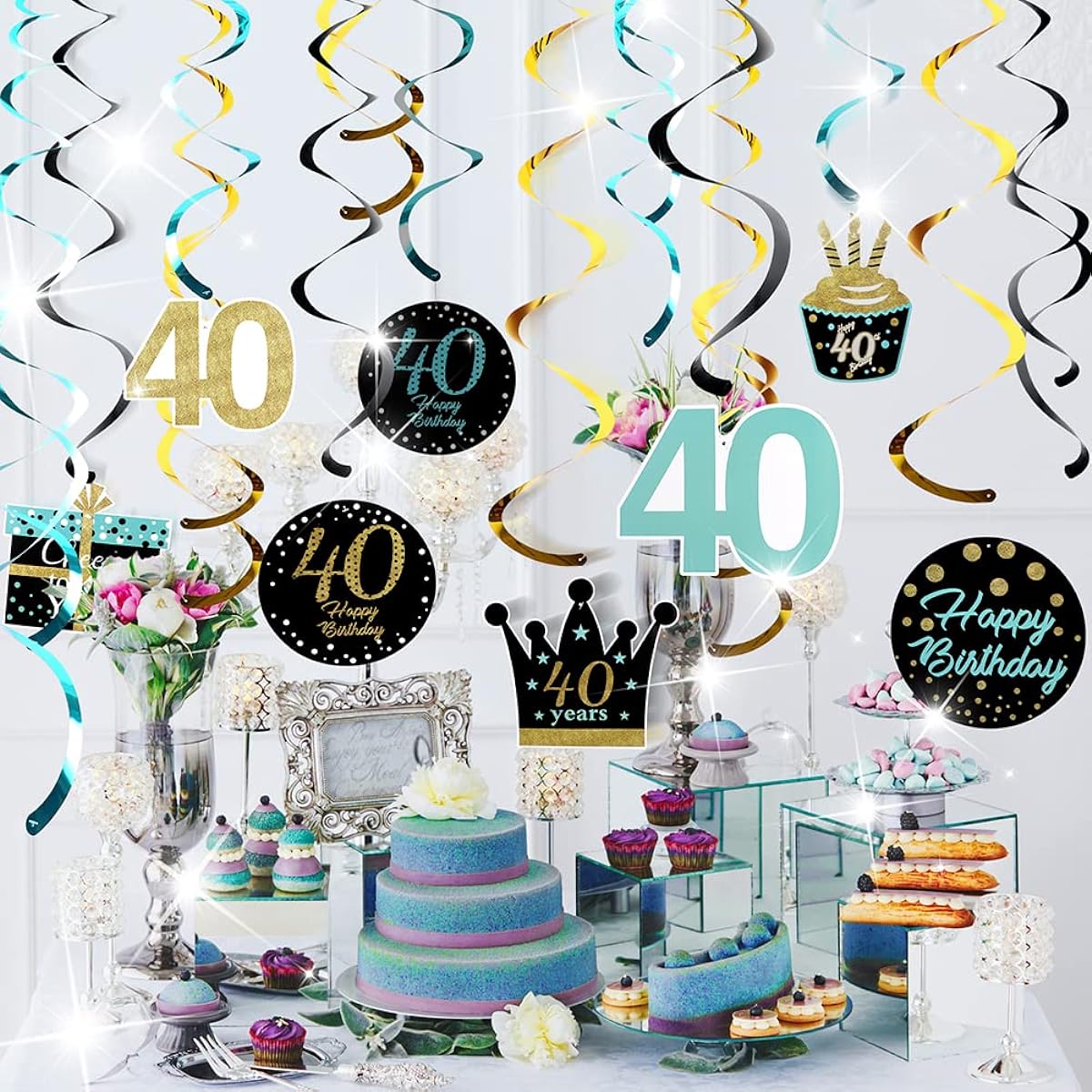 40th Birthday Party Decorations Birthday Party Teal Gold Hanging Swirls Ceiling Decor Happy 40th Birthday Party Ceiling Hanging Swirls 40th Birthday Decorations Foil Swirls Party Supplies