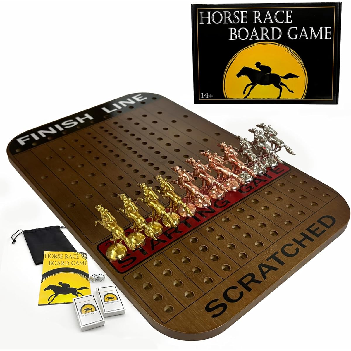 Petoysoso Horse Racing Board Game Deluxe with 11 Metal Horses, Bamboo Horse Racing Board Game Board, 2 Decks of Dice, 2 Decks of Cards, Rustic Brown, Rounded Shape