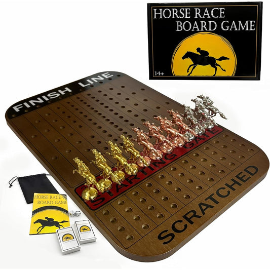 Petoysoso Horse Racing Board Game Deluxe with 11 Metal Horses, Bamboo Horse Racing Board Game Board, 2 Decks of Dice, 2 Decks of Cards, Rustic Brown, Rounded Shape