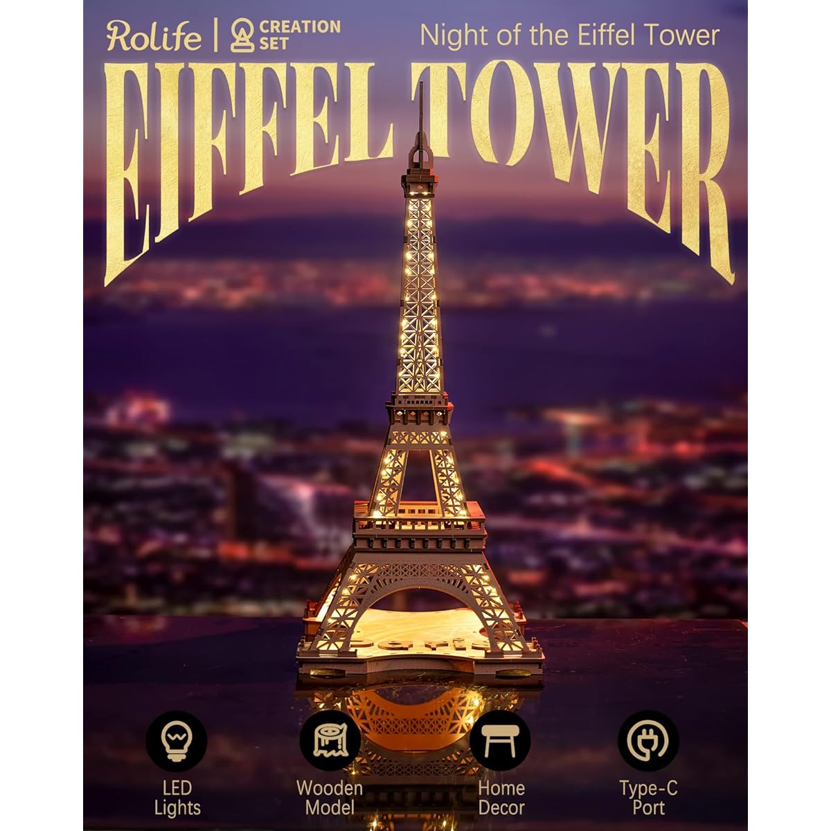 Rolife 3D Puzzle for Adults, Glowing Eiffel Tower, 53cm, 164pcs, For Beginners, LED Lighting, 4 Modes, Interior Decoration, Handmade Kit, Wooden, Electronic Craft Kit, Assembly Craft, Christmas, Birthday Gift