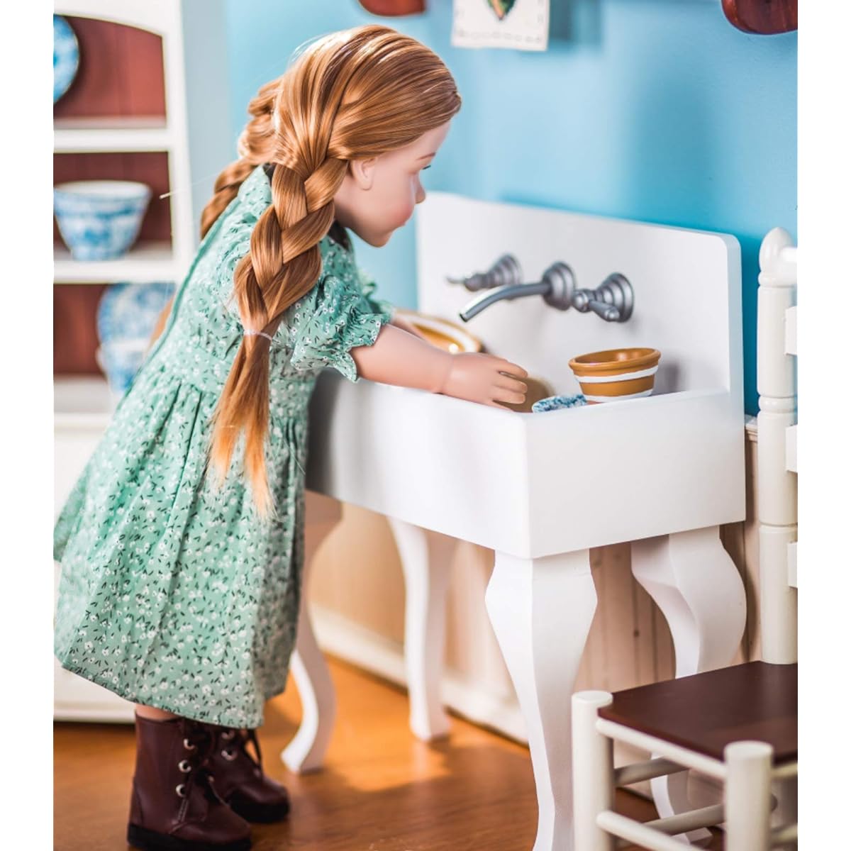 THE QUEEN'S TREASURES 18" Doll Furniture, 1930's Style Farmhouse Sink, Wood Sink for 18" Doll Kitchen, Moving Knobs, Compatible with American Girl Kitchen Furniture