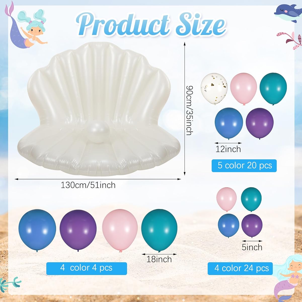 Syhood Mermaid Party Decorations 50pcs Inflatable Seashell Pool Floats Giant Seashells Air-Filled Toys Floats Raft Chair Ride On Floats with 1 Pearl Ball and 48 Mermaid Balloons for Summer Beach Birthday