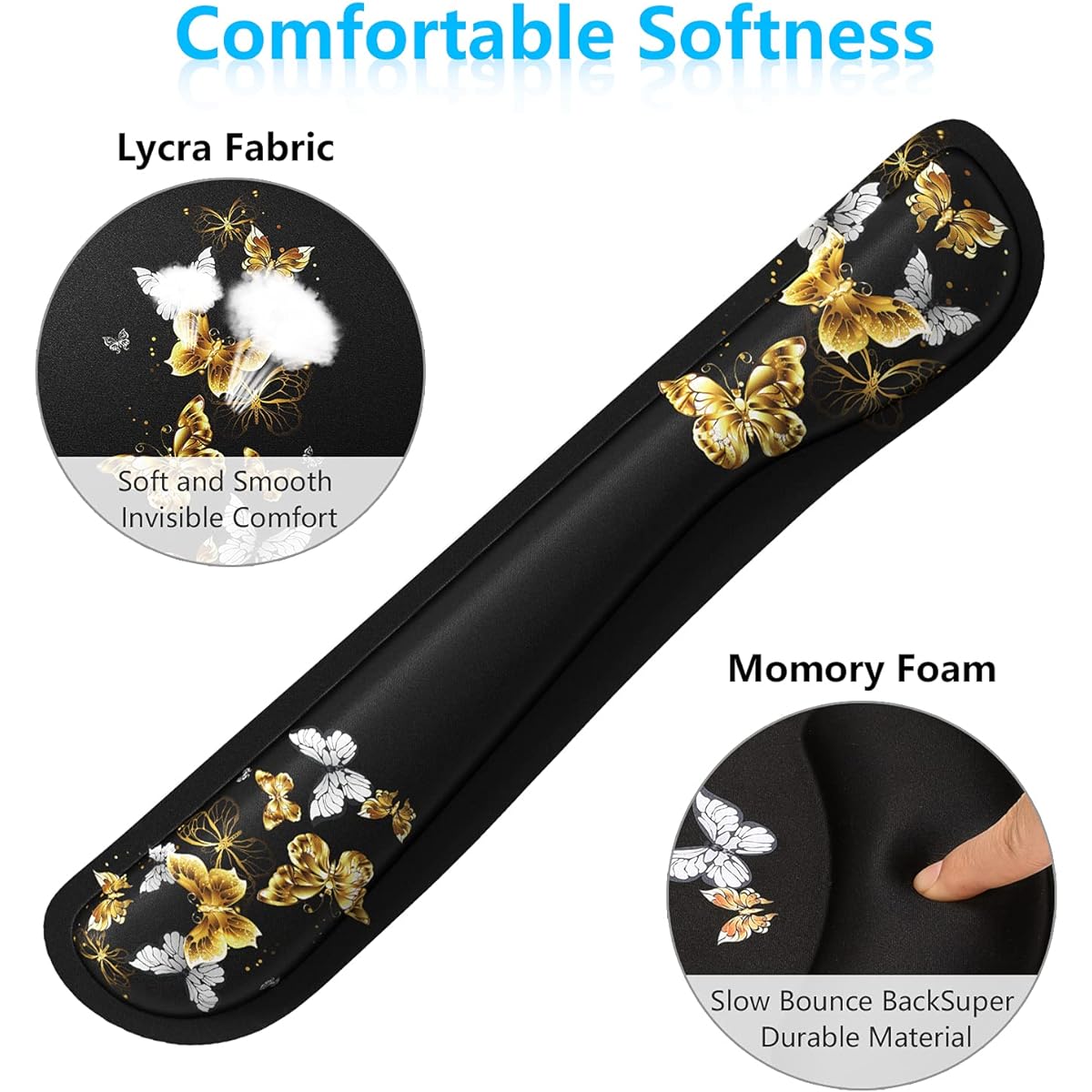 ITNRSIIET Gaming Mouse Pad with Wrist Support, Keyboard Wrist Support and Mouse Pad with Wrist Rest, Non-Slip PU Base, Gold Butterfly