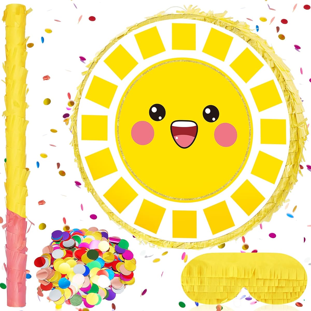 Smile Sun Pinata for Birthday Party Decorations, Cute Pinata with Stake Paper Strike and Confetti, Party Supplies, Baby Shower, Carnival Decorations, 15 x 15 x 2.8 Inch (Sun)