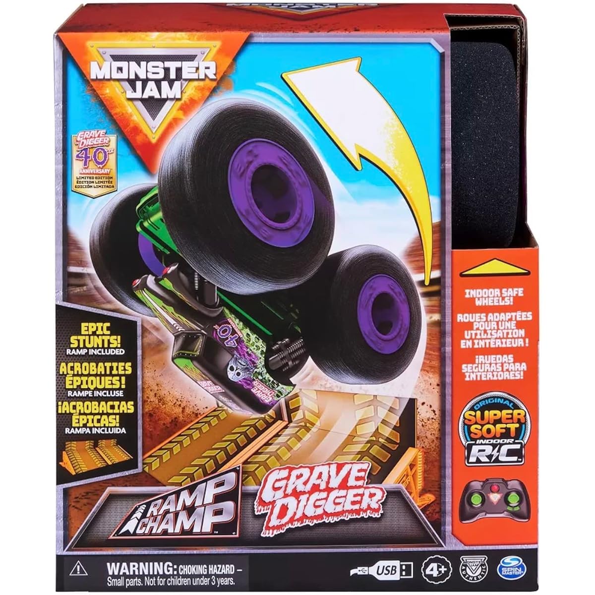 Monster Jam Official Ramp Champ Grave Digger Remote Control Monster Truck Super Soft Wheels Indoor Play + Mystery Vehicle (Grave Digger Ramp Champ + Mystery Mini)