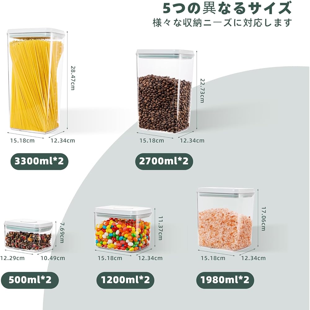 Tourdeus Vacuum Storage Container Canister Storage Container Plastic Pop-up Container Moisture Proof Transparent Set of 10 Pop-Top Food Storage Containers 3300ml*2, 2700ml*2, 1980ml*2, 1200ml*2, 550ml*2