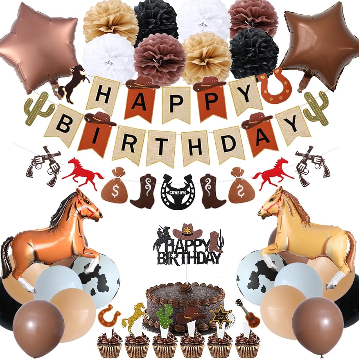 Western Cowboy Party Decorations 48 Pieces Horse Racing Decorations Felt Paper Flowers Happy Birthday Banner Horse Cake Cupcake Toppers Horse Foil Balloons Latex Balloons for Derby Day Festival Farm Cow Wild Party Birthday
