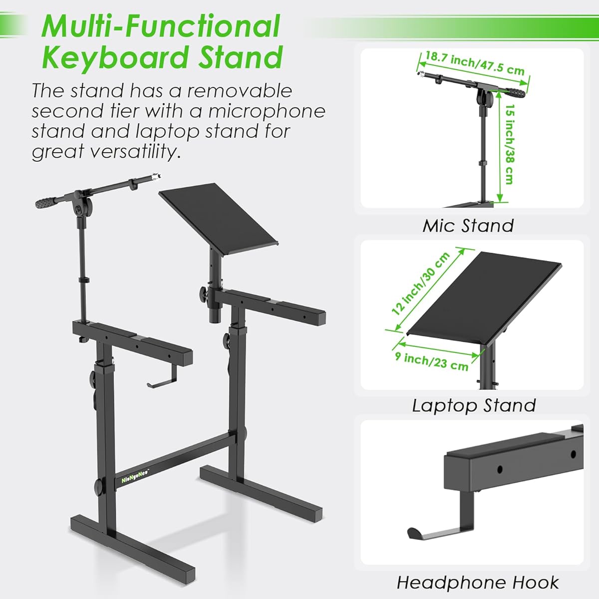 NiuNyuNeu Multifunctional Keyboard Stand Heavy Duty Piano Stand with Microphone Stand and Laptop Stand Headphone Hook Height Adjustable Combo Keyboard Stand