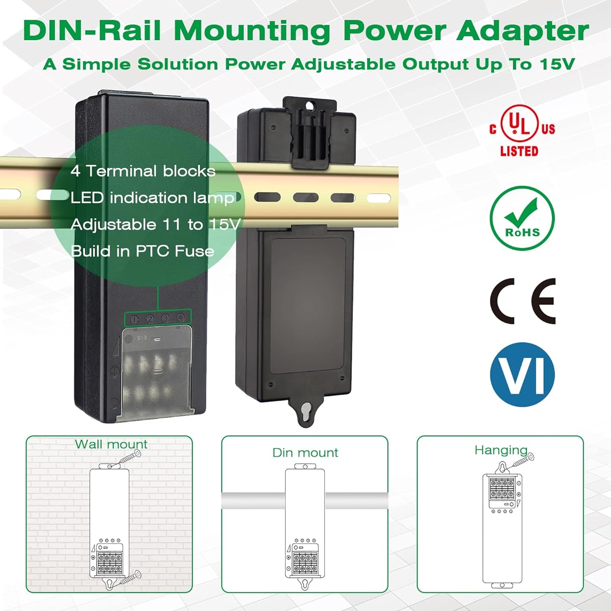 UltraPoe 12V 5A DC Power Adapter 4 Channel AC Input 100V-240V DC Output 11V-15V Adjustable for CCTV Security Cameras with PTC Fuse DIN Rail Mount