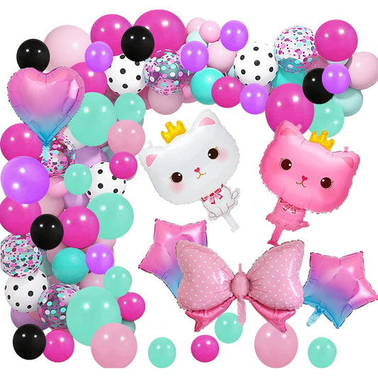 139pcs Blue Pink Purple Rose Red Balloon Garland Arch Kit with Crown Cat Foil Balloons Bow Star Heart Foil Balloons for Girls Birthday Baby Shower Party Kitten Pet Theme Decorations