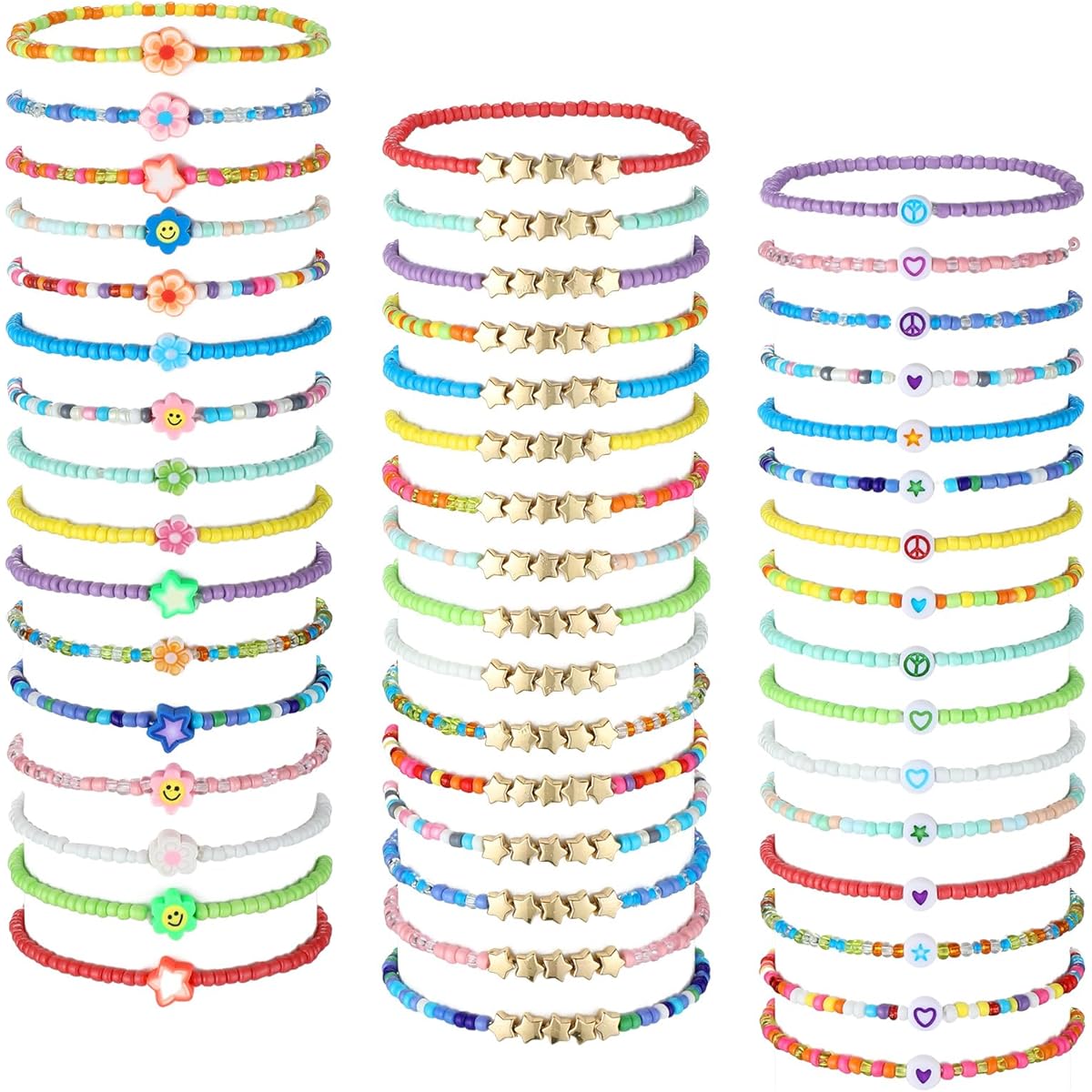 Otuuz 48pcs Colorful Kids Friendship Bracelets Set, Adjustable Beaded Bracelets Cute Friendship Princess Pretend Play Bracelets Stretch Beaded Bracelets Preppy Bracelet Set for Girls Women