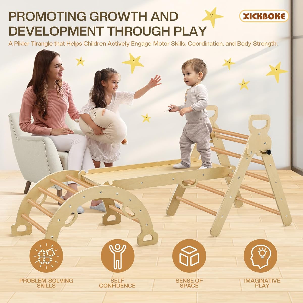 Xickboke Pikler Triangle Set for Toddlers Indoor Playground Climbing Toy for Kids Ages 2-6, Foldable Montessori Play Gym Wooden Climbing Set