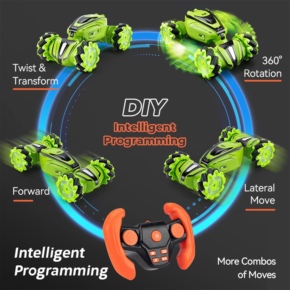 LONMAHOVER Remote Control Car 2.4GHz RC Stunt Car 4WD Buggy Kids RC Drift Car with Lights and Music RC Car for 8-12 Years Old Boys and Girls (Green)