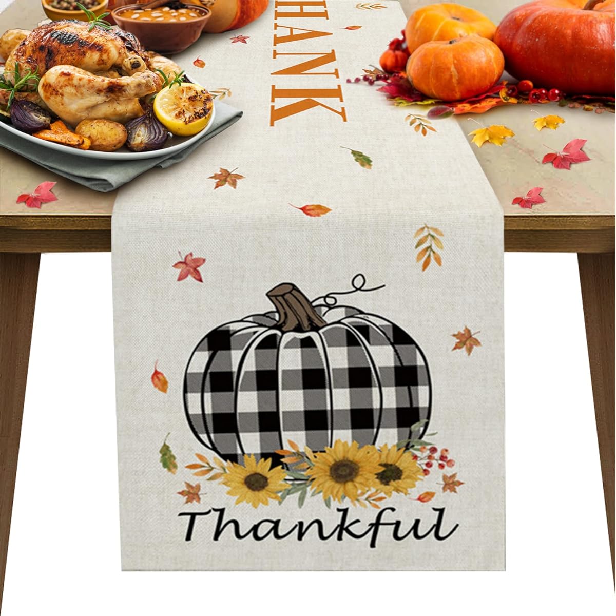 Pumpkin Sunflower Fall Table Runner 72" Long Washable Black White Buffalo Pride Thanksgiving Table Runner for Round Table Kitchen Coffee Dining End Table Living Room Use