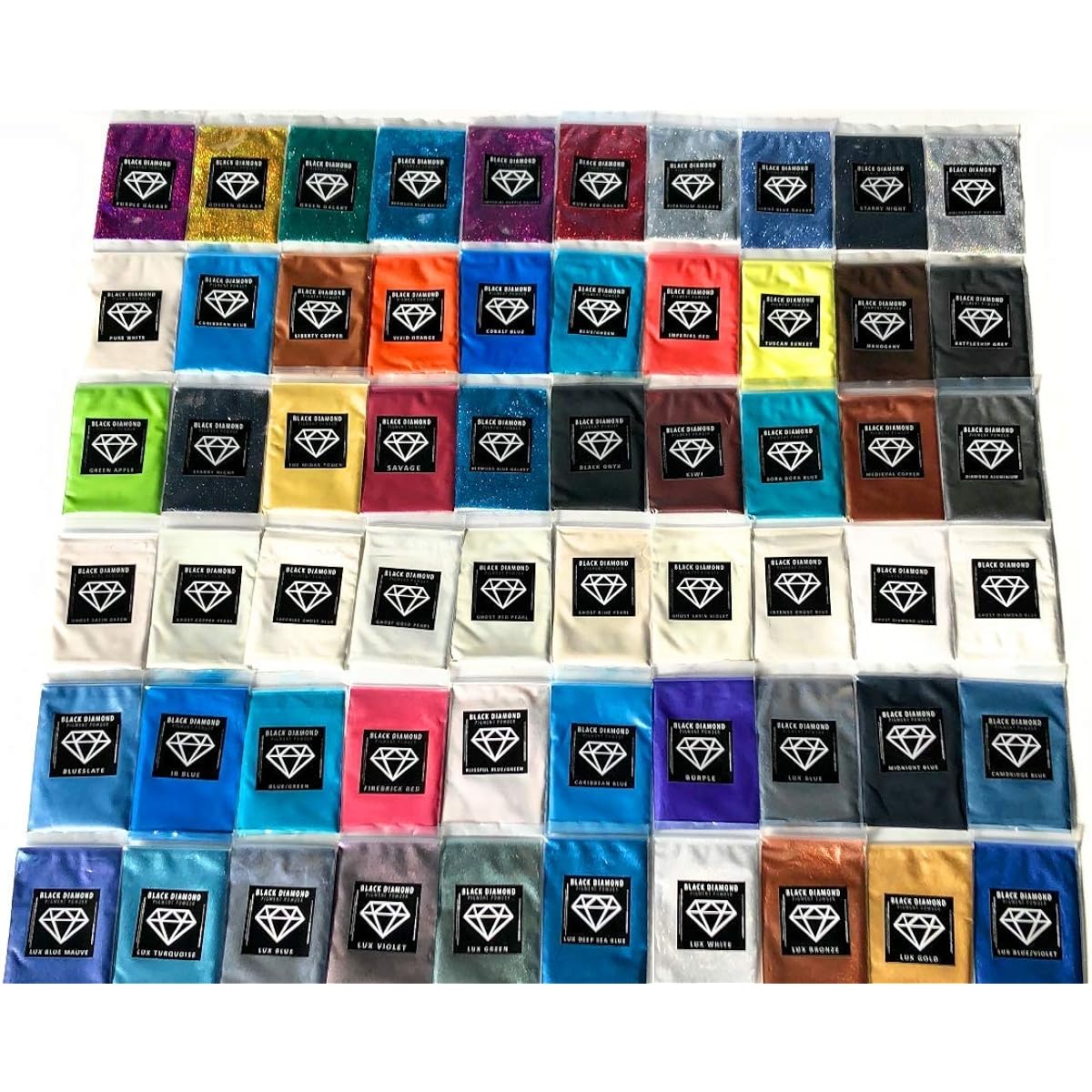 Black Diamond Pigments "Pigment Box Set 2" 2-42g containers 6 variety packs 5g packs total of 60 pieces Ghost pigments Epoxy Slime Resin Soap