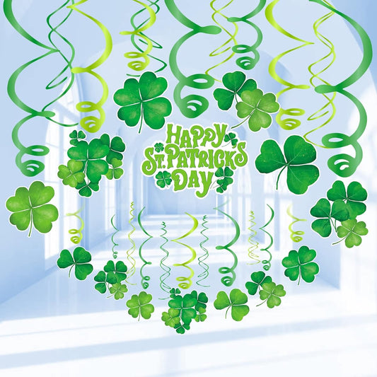 30pcs St. Patrick's Day Decorations Party Supplies Lucky Irish Green Shamrock Hanging Foil Swirl Decorations Home Ceiling Party Favors
