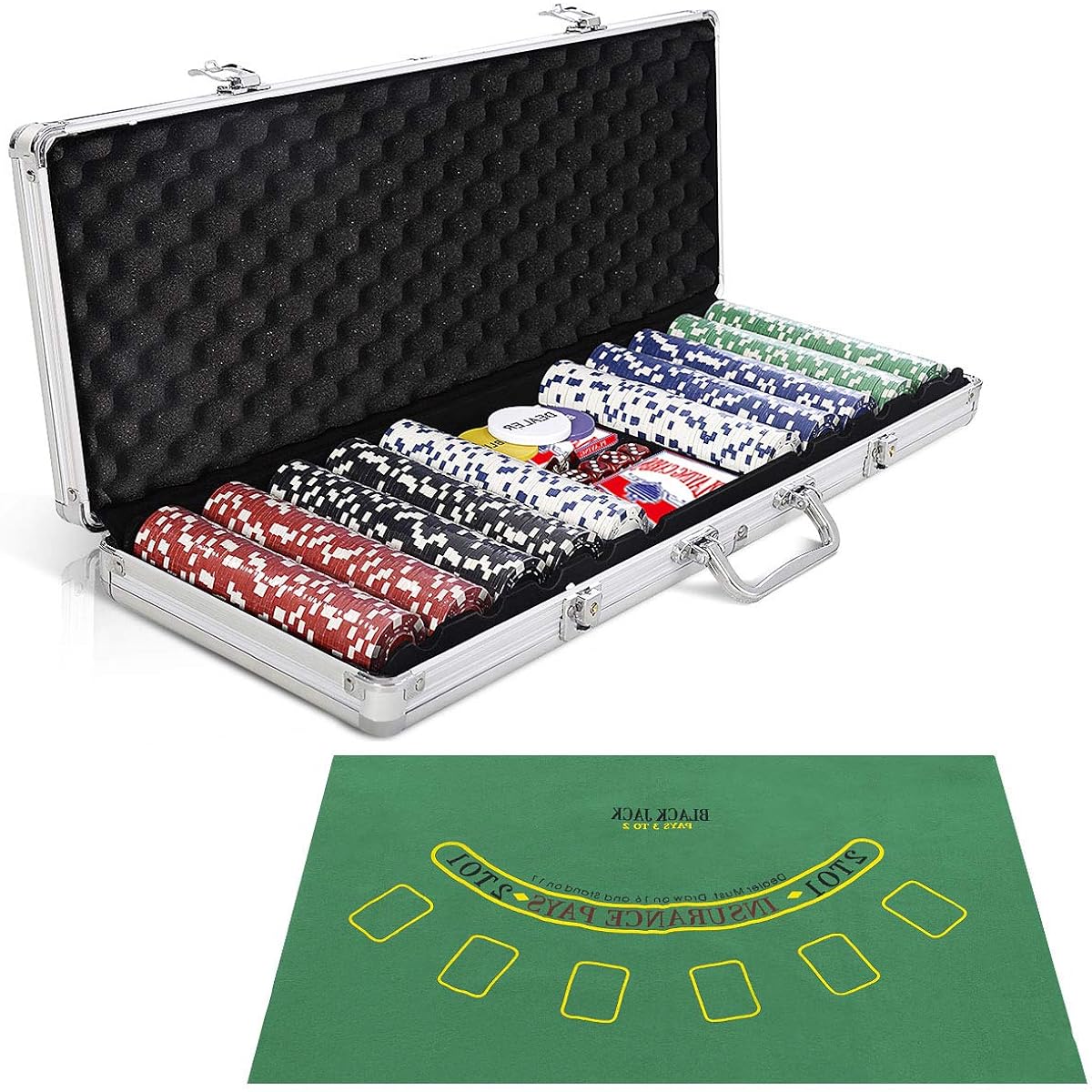 GOPLUS 500 Piece Poker Chip Set Hold'em Card Game Aluminum Case Table Cloth Cards Dice Blind Buttons for Texas Hold'em Blackjack Gambling