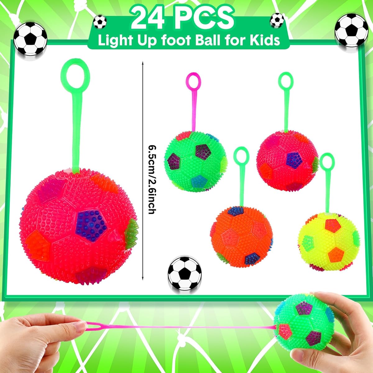Wettarn 24 Pieces Bouncy Light Up Ball LED Flashing Pointy Sense Stress Ball Fidget Sense Glow in the Dark Party Favor Birthday Gift Classroom Prize Return Gift (Soccer)