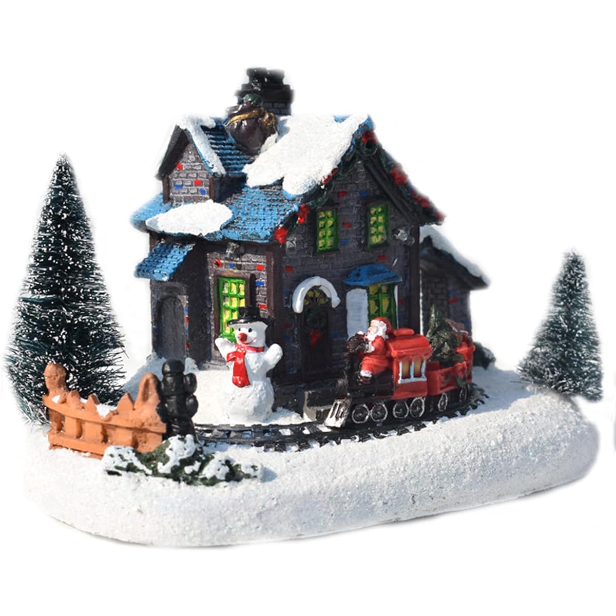 SH-RuiDu Christmas Village House Resin Christmas Decoration Lights Christmas Train Snow House Ornaments (Batteries Not Included)