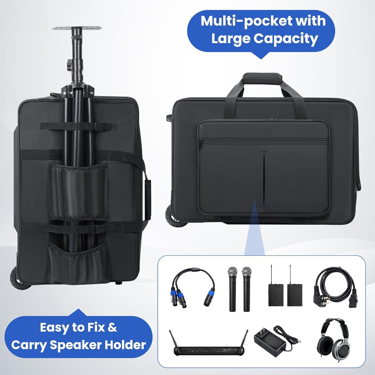 Aleemin Speaker Bag with Casters Compatible with DXR12MKII Rolling Speaker Carrying Case Multi-Pocket & 2 Fixed Straps Soft Padded Speaker Roller Bag (24 x 17.3 x 17 inches)