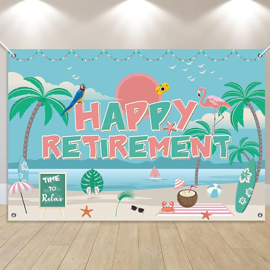 5 x 3ft Happy Retirement Banner Beach Theme Retirement Party Decoration Happy Retirement Sign Banner Photo Booth Goodbye Party Going Out Farewell Party Decor Supplies