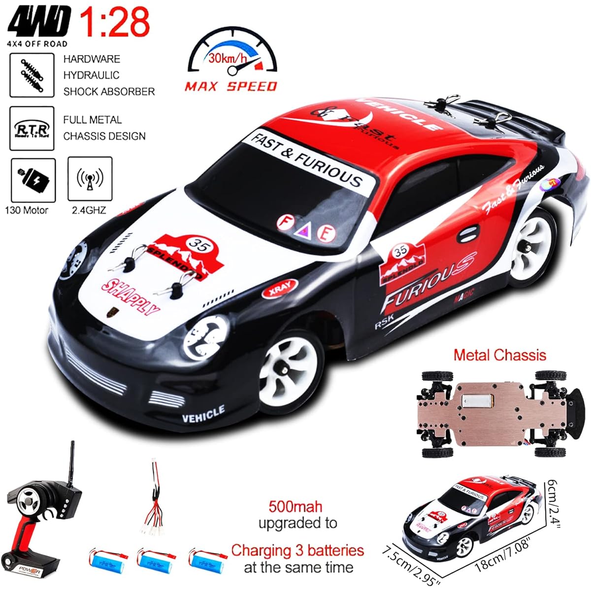 LEOSO WLtoys K969 RC Car Upgrade 500mah Battery * 3 1/28 Scale 2.4GHz Remote Control Car 4WD 30KM/H High Speed RC Racing Car Drift Car for Kids and Adults with Gift Box