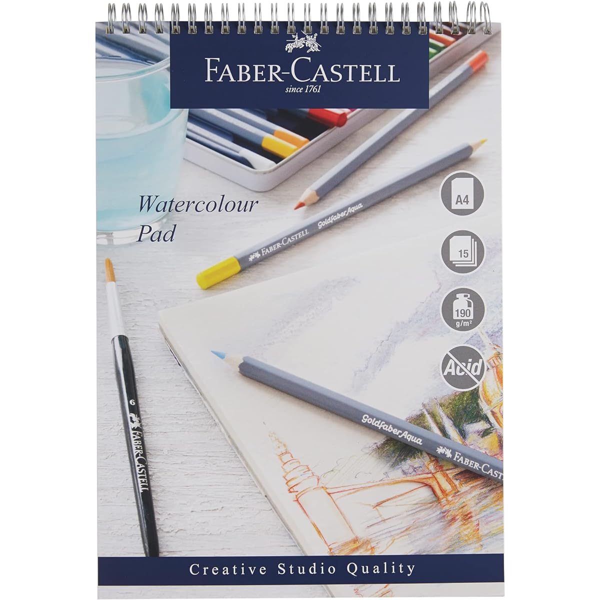 Faber-Castell Creative Studio A4 Spiral Bound Watercolour Pad - 190gsm - 15 Sheets