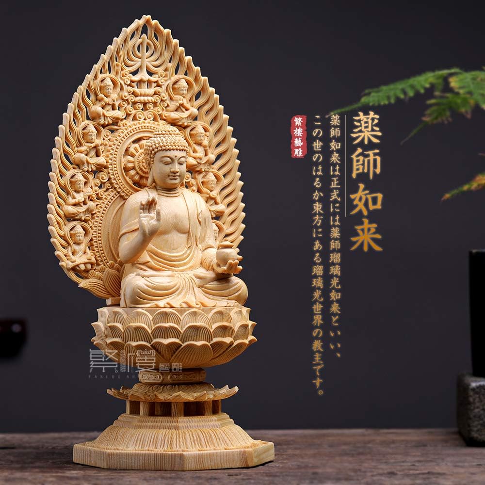 Hanro Art Sculpture Buddha Statue Yakushi Nyorai Wooden Cypress Hiten Halo Octagonal Pedestal Good Health, Healing Illness, Protection, Warding Off Misfortune, Good Luck (Height 28cm x Width 12cm x Depth 12cm) (Log wood)