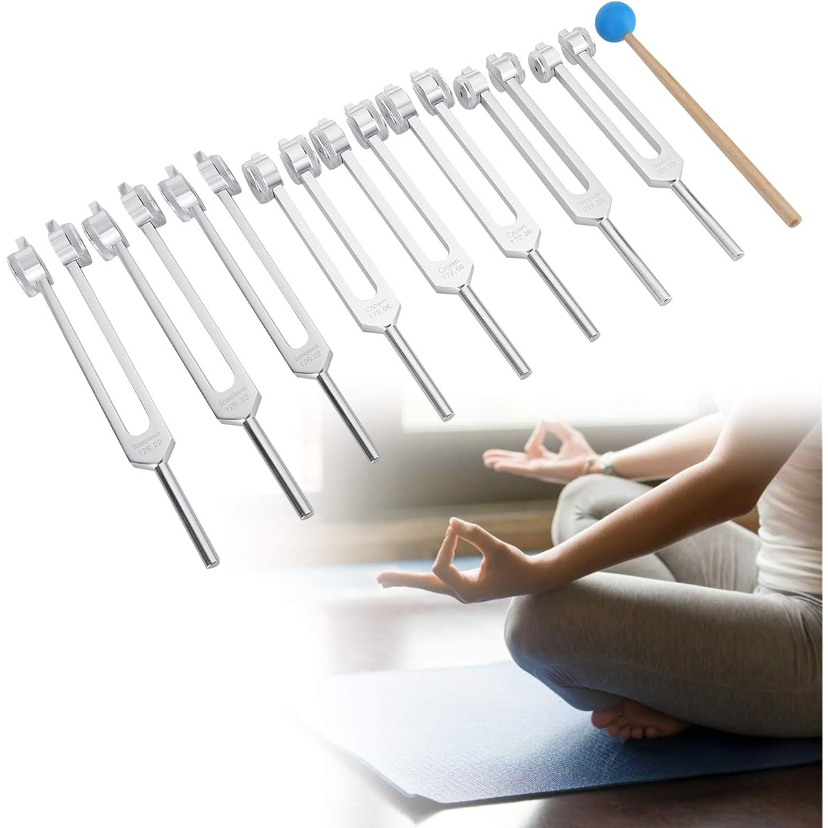 Tuning Forks, Set of 8, Aluminum Healing Tuning Forks Starter Kit for Relax Mind Body Sound Therapy (126.22 Hz 136.1 Hz 141.27 Hz 172.06 Hz 194.18 Hz 210.42 Hz 221.23 Hz 272.20 Hz)
