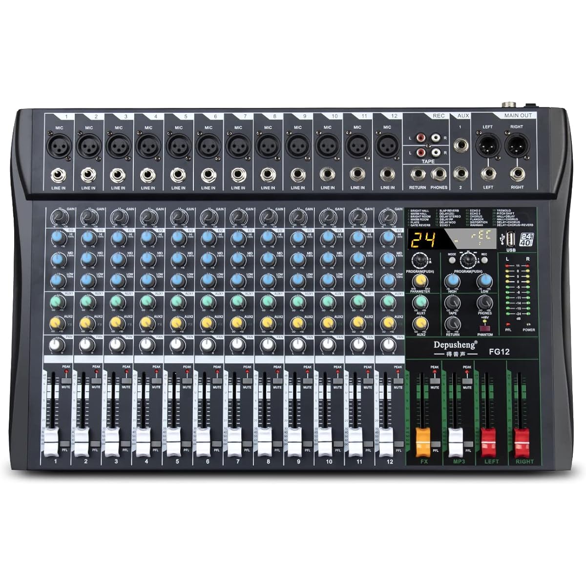 Depusheng FG12 Professional 12 Channel Mixer DJ Sound Console Studio Mixer with USB Player Bluetooth 24DSP Effects Processor XLR Microphone Jack 48V Phantom Power Bar for Recording Studio Outdoor Performance
