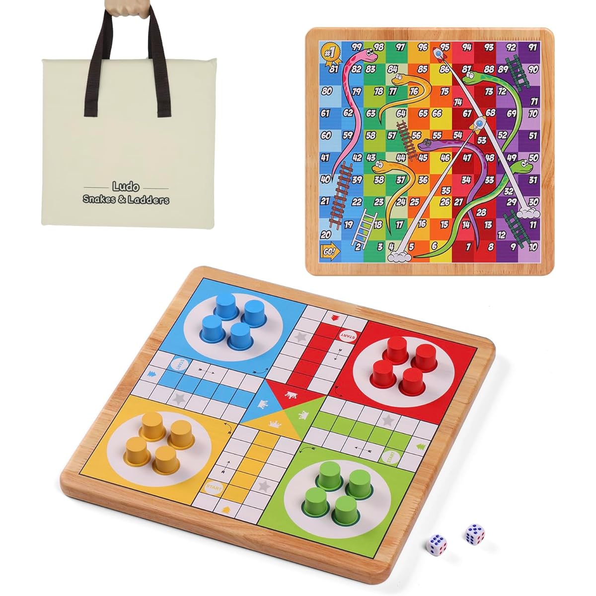 Crobyi 12" Ludo Board Game + Snakes and Ladders Board Game 2 in 1 Classic Board Game for Adults and Kids, 1 Game Board, 2 Dice, 16 Game Pieces, Game Rules and Carry Bag