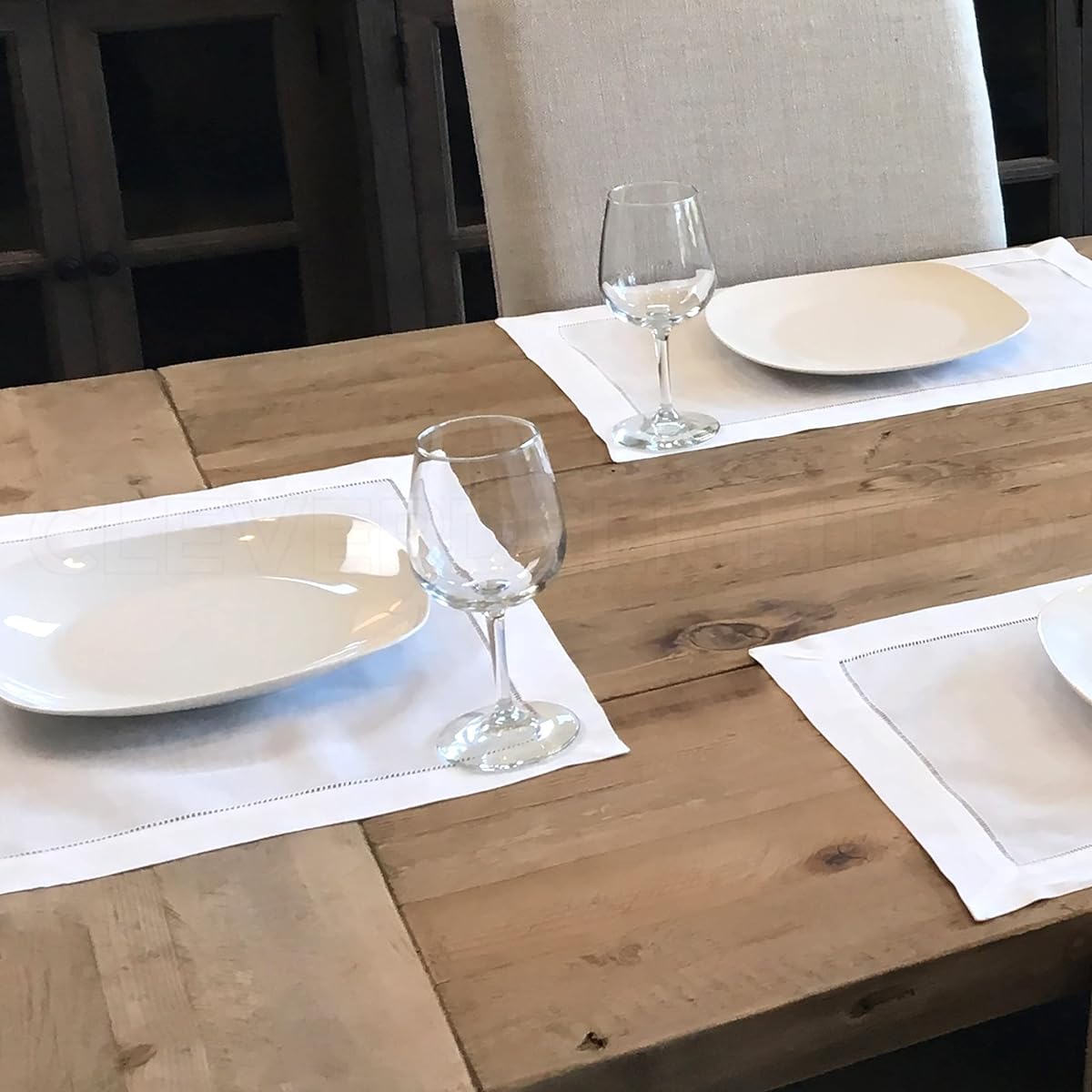 CleverDelights White Linen Hemstitch Placemats, 6 Pack, 14" x 20", 100% Linen