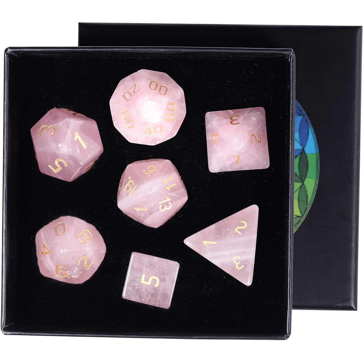 rockcloud Rose Quartz Crystal DND Polyhedral Dice Set of 7 Healing Crystal Stone Handmade Dice with Dice Box for RPG MTG Table Games Home Office Decor