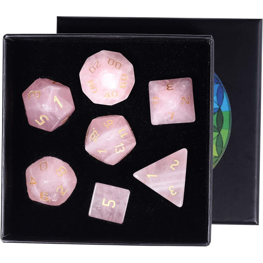 rockcloud Rose Quartz Crystal DND Polyhedral Dice Set of 7 Healing Crystal Stone Handmade Dice with Dice Box for RPG MTG Table Games Home Office Decor